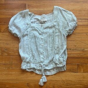Lucky Brand Patterned Puff Short Sleeve Button Down Lace Detail Top